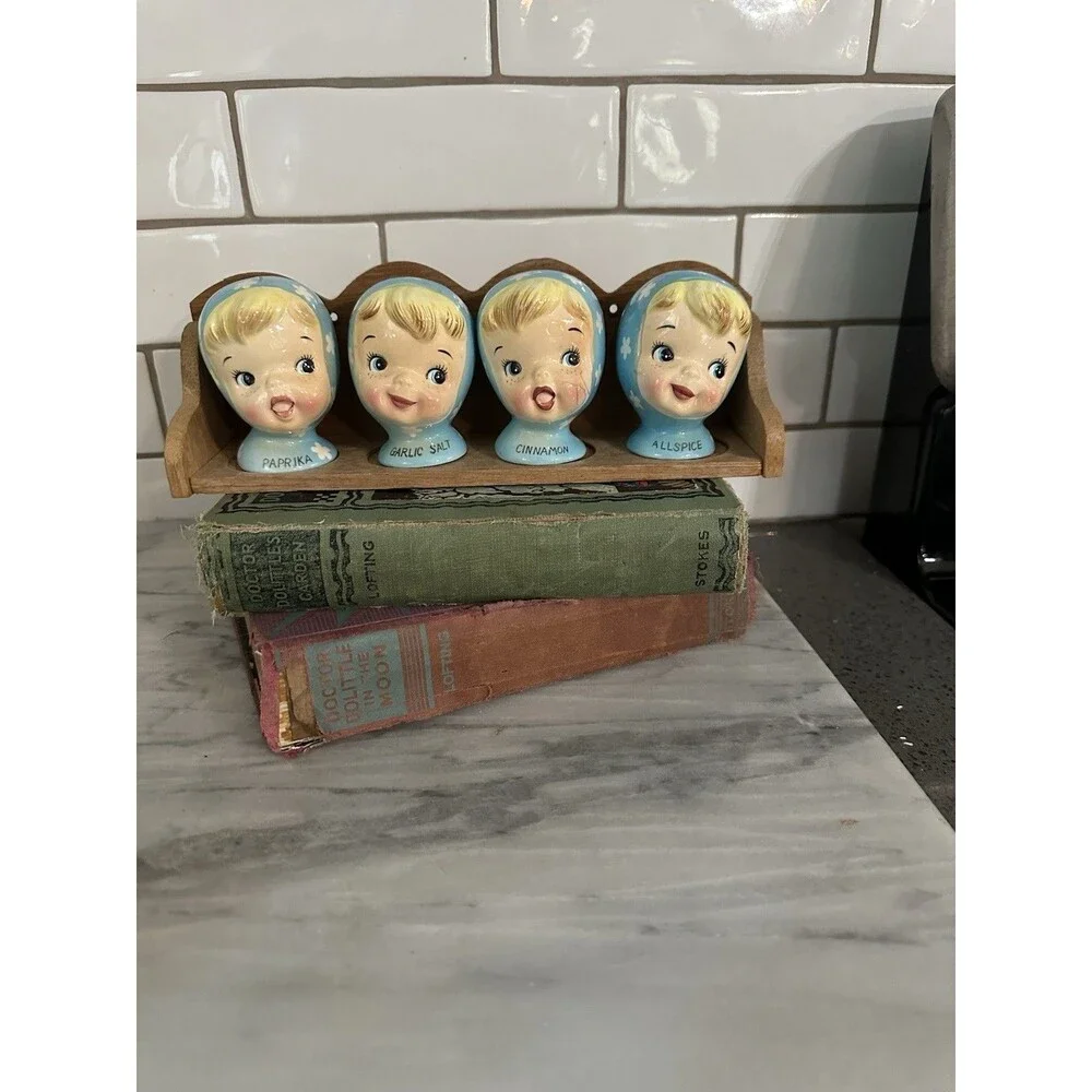 Vtg Napco Miss Cutie Pie Blue Spice Shaker Set Paprika Allspice Cinnamon Garlic
